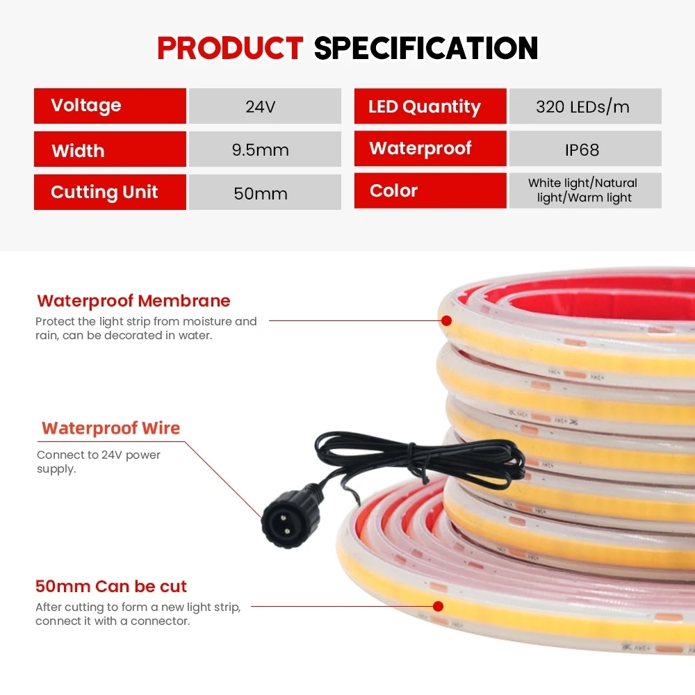 24V COB Strip IP68 Waterproof  - Outdoor Power Strip Weatherproof recension och pris